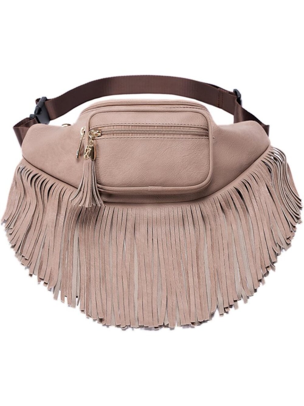 Women's Taupe Fringe Waist With Multi Zipper Pockets Fanny Pack Travel Bags